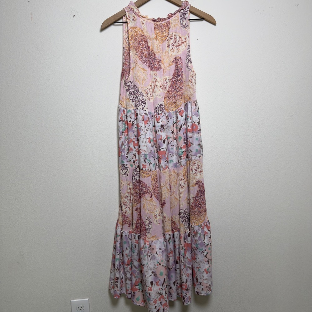 Entro Women Dress Medium Pink Paisley Floral Tiered Midi Flowy Boho Patchwork - Picture 6 of 10
